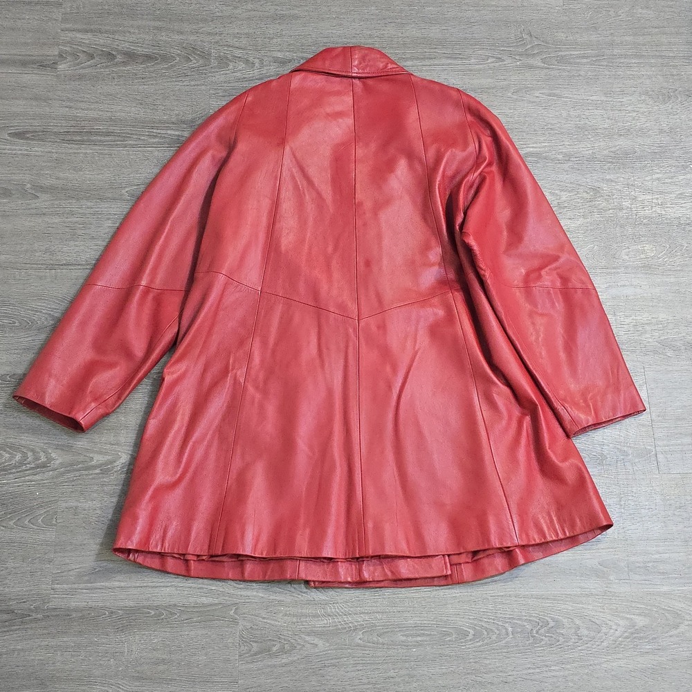 VTG Preston And York Red Lambskin Leather Coat Open Front Mid Length Women's L - Picture 12 of 16
